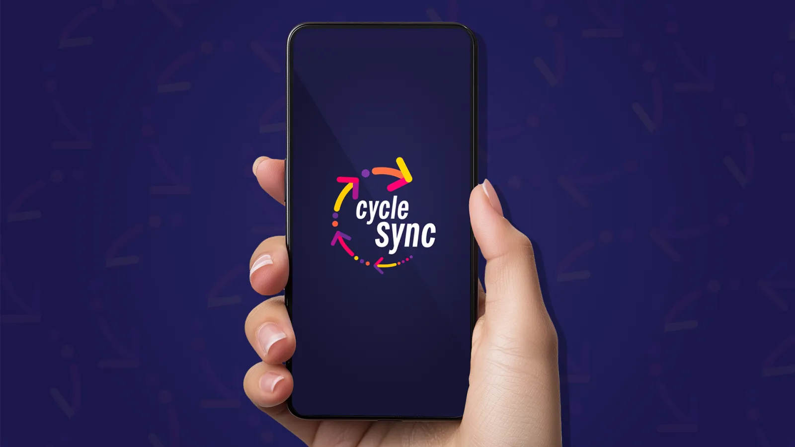 A graphic that has an arrow pattern in the background with a hand that is holding a phone mockup. The phone has a loading screen for the application CycleSync on it.