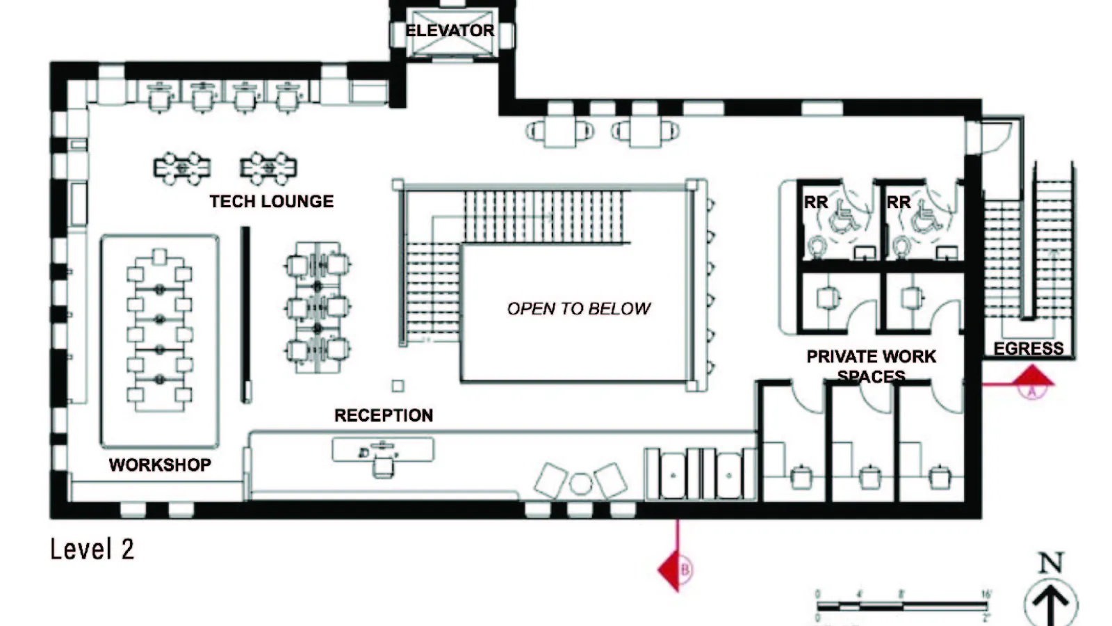 The Level 2 floor plan shows the north-facing view of the second floor. The different areas moving from west to east include a workshop space, a technology lounge, resource center seating, an elevator, a reception area, an overlook to Level 1, private work rooms, two restrooms, and an egress exit with an exterior staircase.