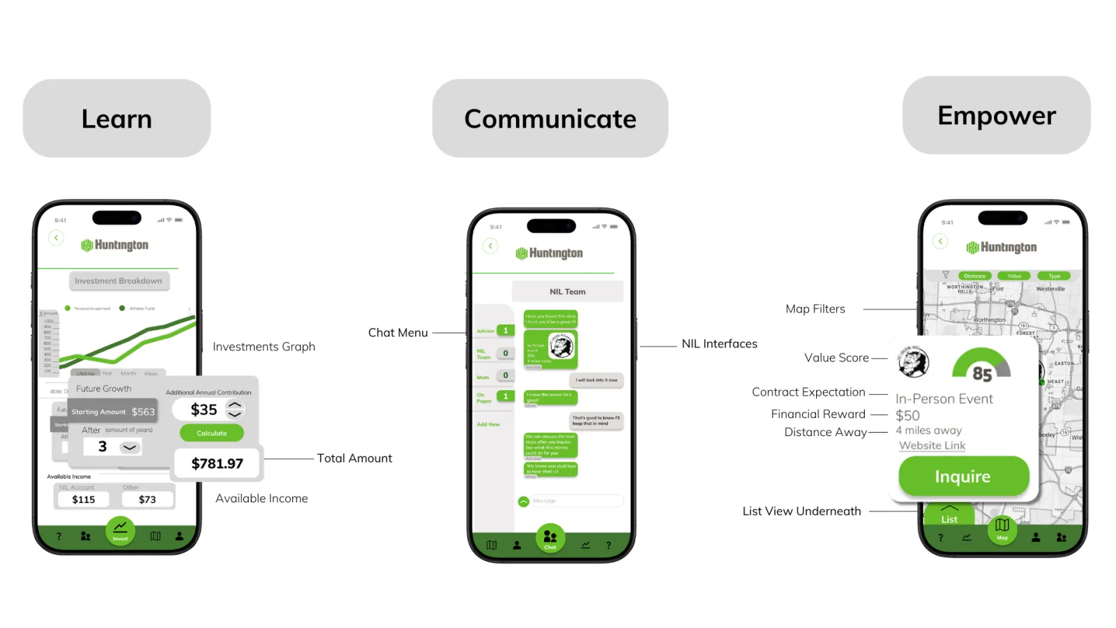4.	Three supplemental screens from the Horizons application. The first being the investment tab, which allows student athletes to monitor their investments. Second, is the chat tab, which displays the various chat options available to student athletes. Lastly, the NIL map, which displays local NIL deals exclusive to Horizons, as well as how each deal aligns with the athletes preferences.