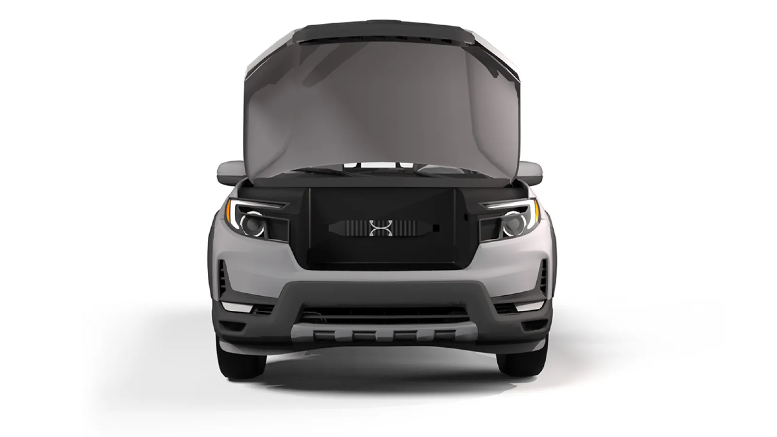 A 3D-rendered image of a modern truck with an open hood, revealing a modular front trunk (frunk) storage system called FrunkFlex. The storage unit is sleek, black, and integrated seamlessly into the vehicle’s front, enhancing cargo organization and accessibility.