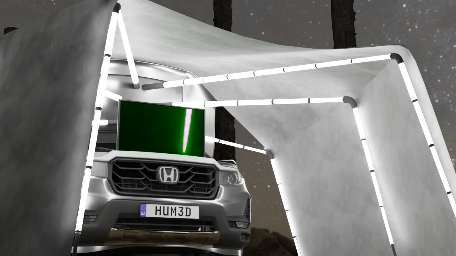 A Honda EV with its frunk open and the FoldNest camping extension fully deployed at night. The illuminated frame structure extends outward, creating a covered living space. A large screen is mounted inside the frunk, providing an entertainment setup.