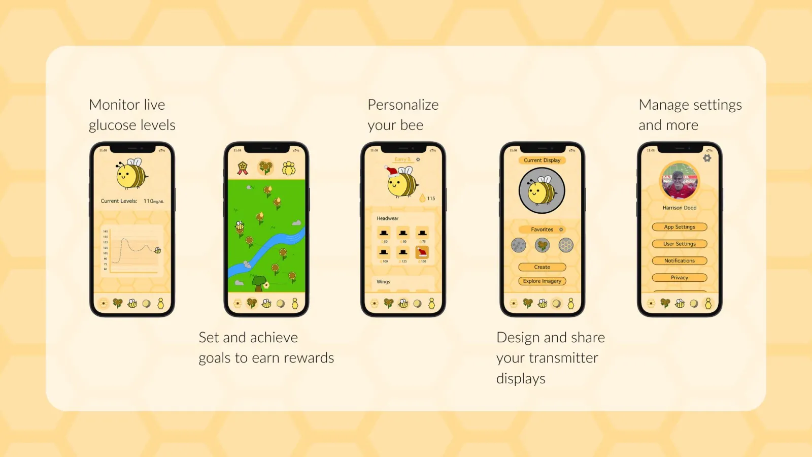 This image shows the five main pages of the Buzz app. Text on the image states the user can “monitor live glucose levels”, “set and achieve goals to earn rewards”, “personalize your bee”, “design and share your transmitter displays”, and “manage settings and more”.