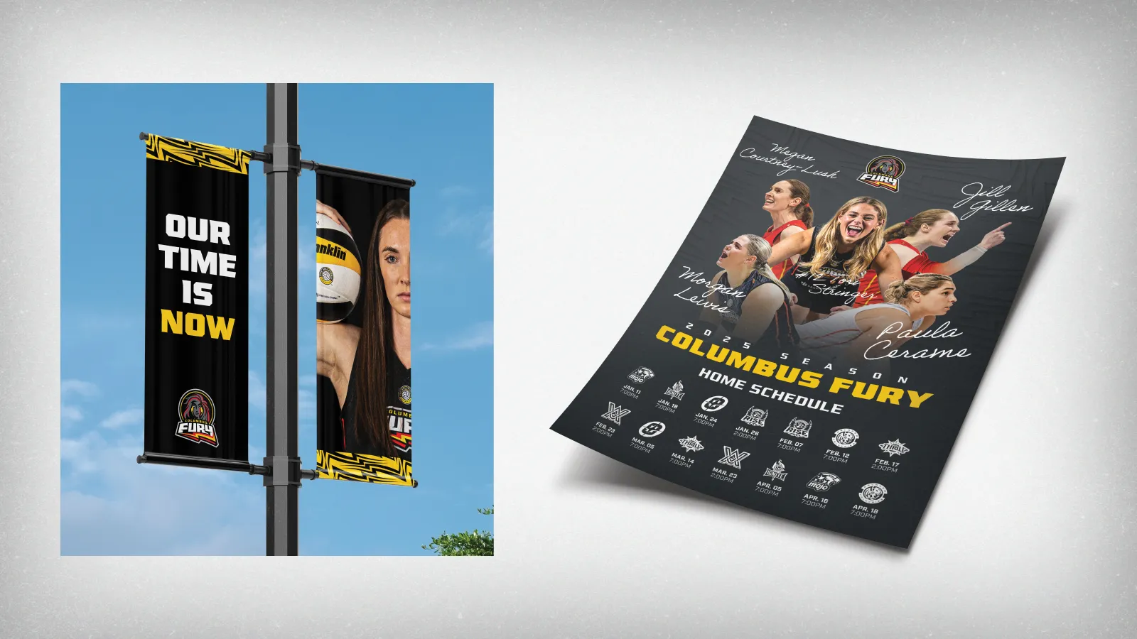 On the left is a mockup of outdoor banners, one saying “Our time is now” and one showcasing a headshot of an athlete. On the right is a mockup of a poster design with five athletes and the home schedule on it.  