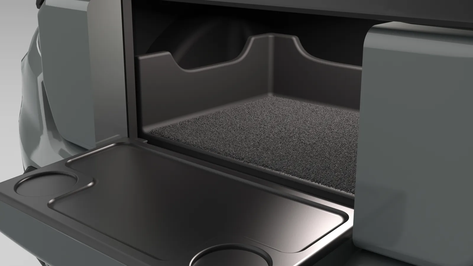A 3D rendered image of the front of a Honda Ridgeline looking more closely to show the details of the Grille Gait and Guard. It shows the details of the large recession on the back of the gait and two other smaller spots for cups. Between the gait and the guard is a groove to slide fingers to the guard. The inside shows the details of the guard including the carpeting on the floor and also that the walls rise about half way up the height of the frunk opening and dips in the middle of the walls with smoot