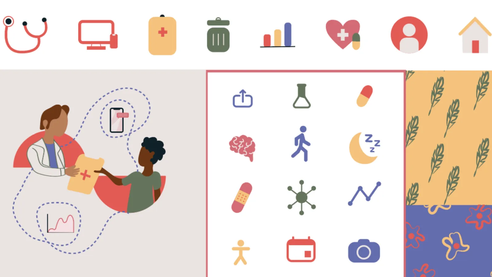 The image features Chronical’s branding images including primary and secondary icons in yellow, pink, and blue with accents of beige and black. There is also an illustration of a doctor and patient connecting through digital media and two patters, one made up of feather quills and the other illustrated flowers.