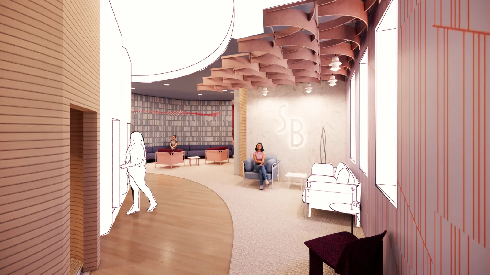 The social lounge shows the wooden reflection pods on the left. In the center is soft seating with acoustic panels hanging from the ceiling. There is also a privacy wall that separates the lounge from the restrooms. In the foreground on the right is a smaller lounge space complete in pastel blues and pinks, and a lit sign that reads “SB. ”
