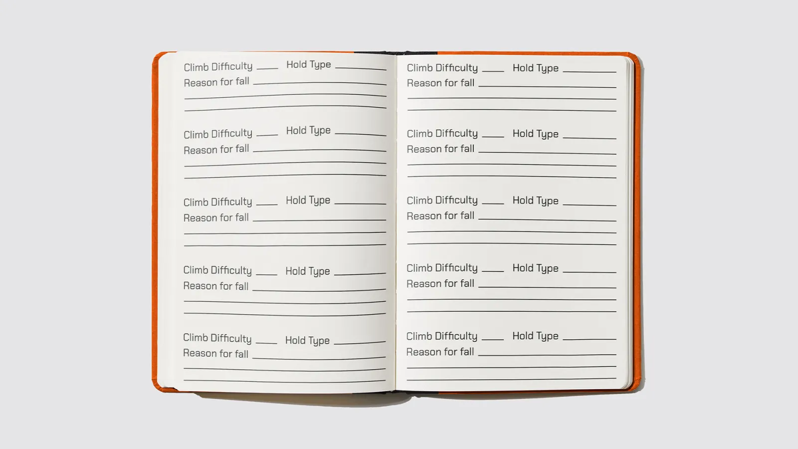 The inside of the journal has different fill in the blank sections repeated across both pages. Each section has a label for climb difficulty, hold type, and the reason for falling alongside spots where the climber can write in their answers.