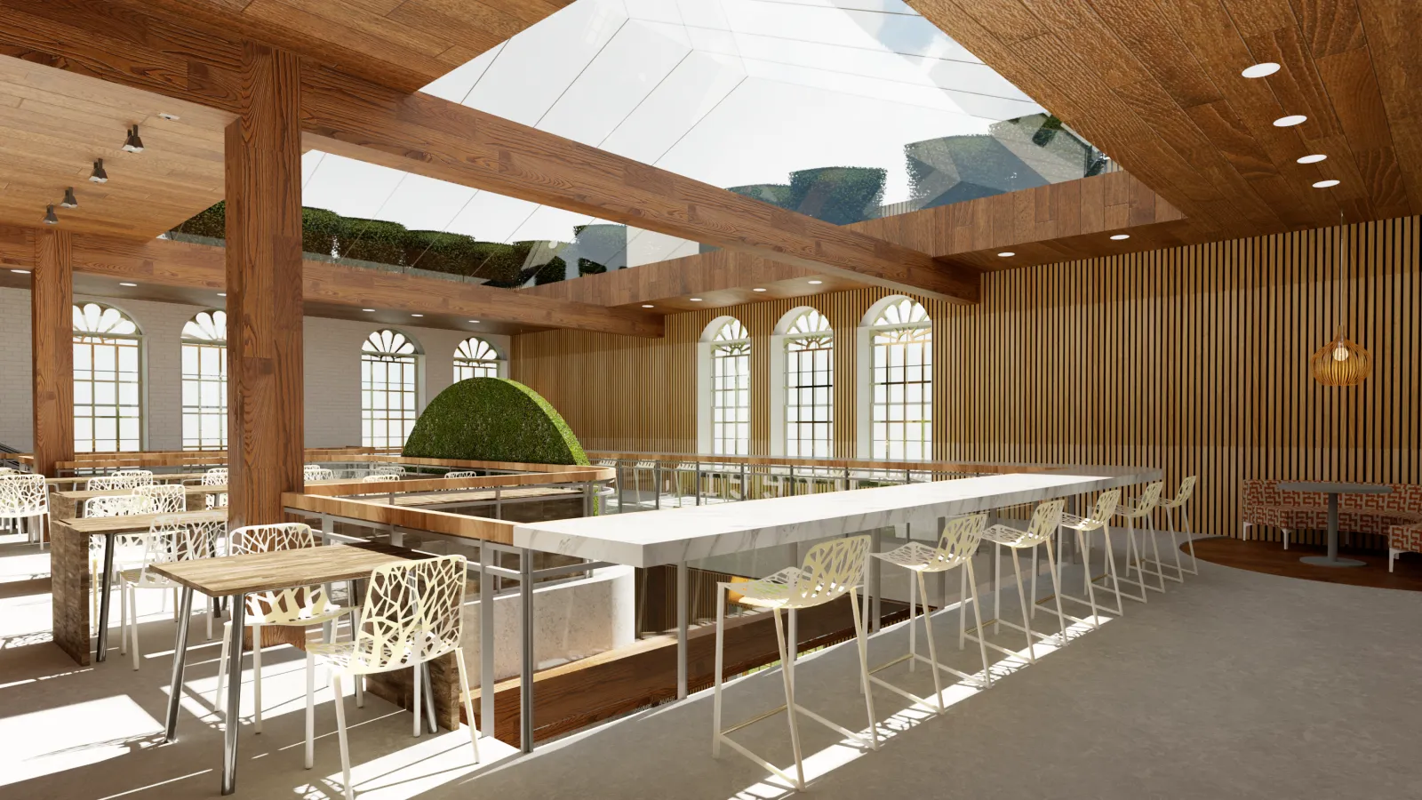 A modern greenhouse and produce market with a lush green ceiling and integrated lighting. A central hydroponic display sits in the middle, surrounded by wooden accents. To the right, a washing station with a round mirror and stainless-steel sink leads into a kitchen. The space allows guests to purchase prewashed produce or harvest their own.