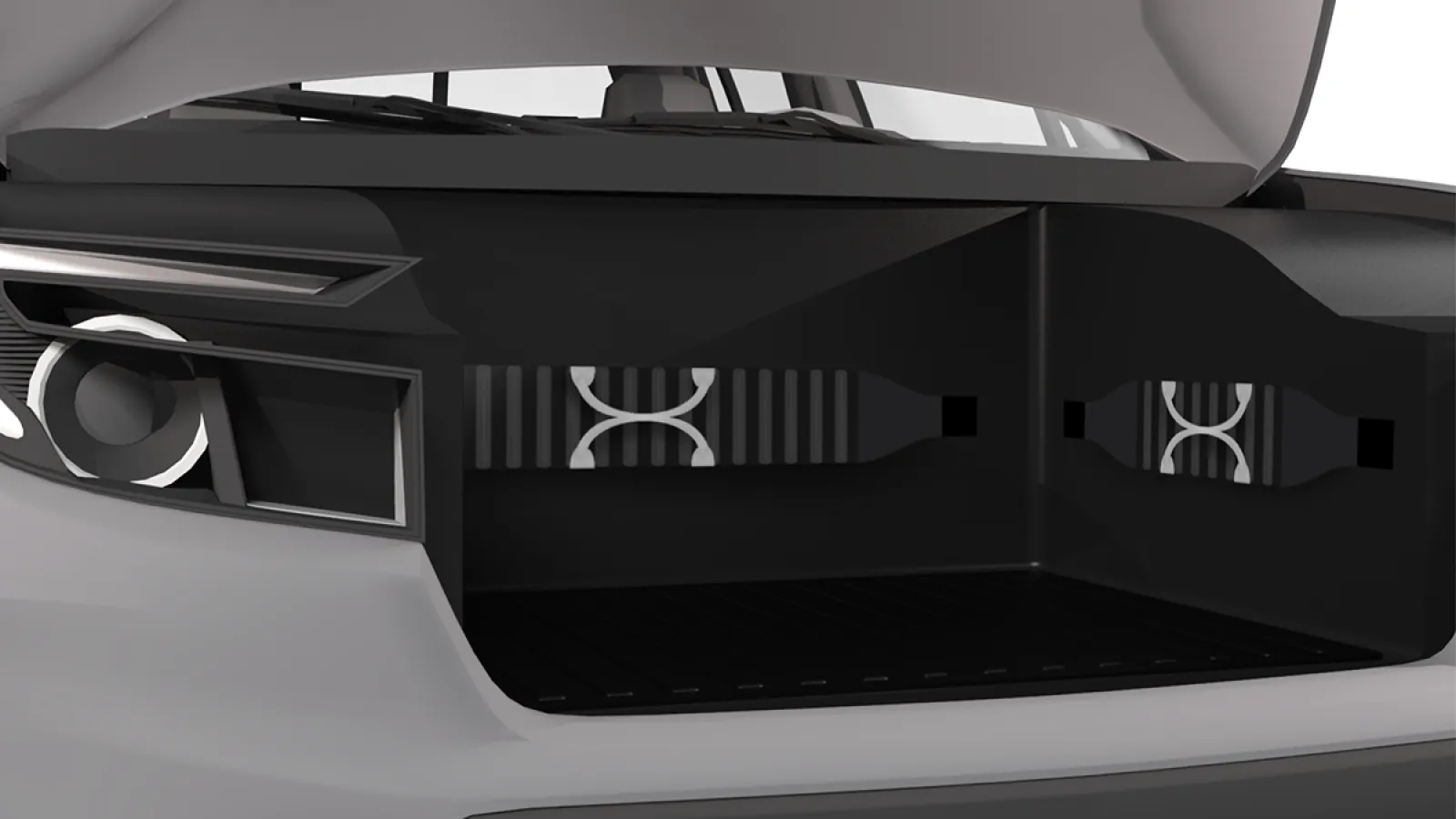 A detailed 3D-rendered view of the FrunkFlex storage system inside a vehicle’s front trunk. The black, modular compartments feature structured inserts and a sturdy design, optimizing cargo space while maintaining easy accessibility.
