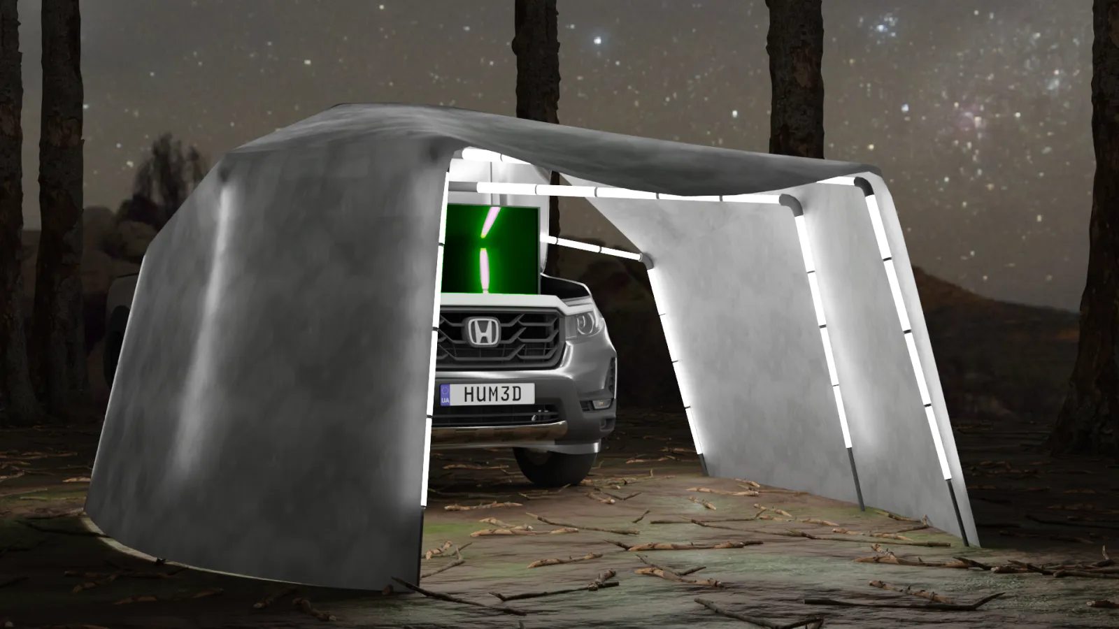 A Honda EV with the FoldNest camping extension fully deployed at night. The lightweight canopy extends from the open frunk, creating a sheltered living space with illuminated structural frames. A large screen inside the frunk displays visuals, enhancing the outdoor entertainment experience.