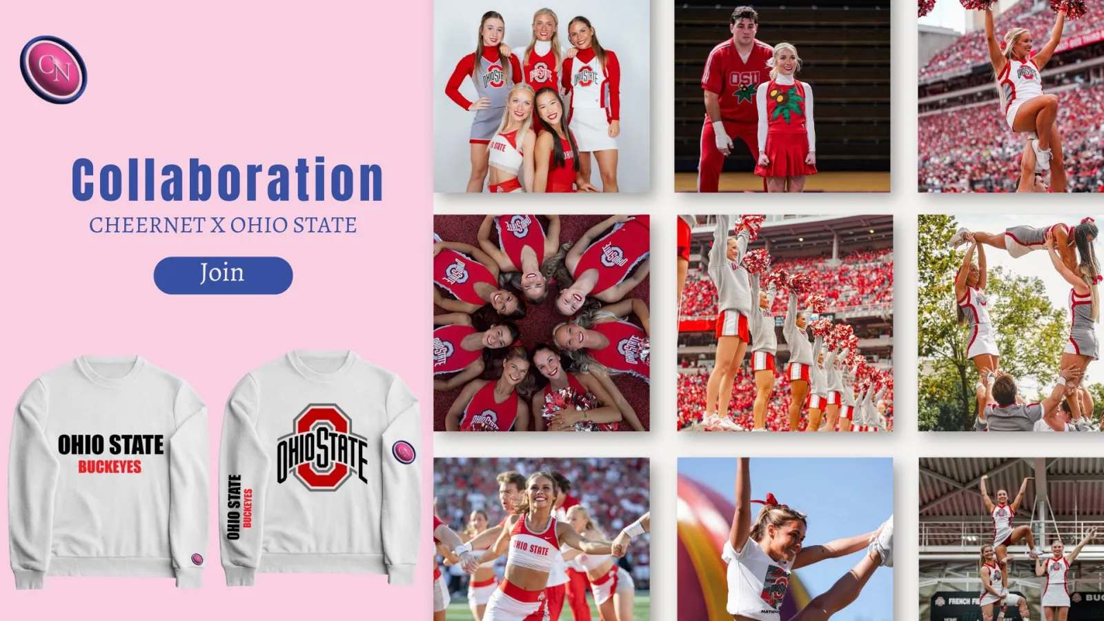 This image highlights CheerNet’s collaboration with Ohio State, showcasing how the app connects university cheer programs. By featuring Ohio State’s cheer athletes, it emphasizes CheerNet’s mission to support and unite cheerleaders. The custom apparel reinforces team pride, while the platform provides resources, connections, and engagement for collegiate cheerleaders nationwide.