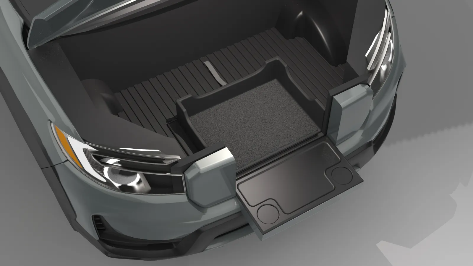 A 3D rendered image of the front of a Honda Ridgeline from a top down view with no hood showing the entire frunk with the gait down and the guard in place. The guard divides up the space in the frunk with its three walls and has a pull belt in the back of the guard.