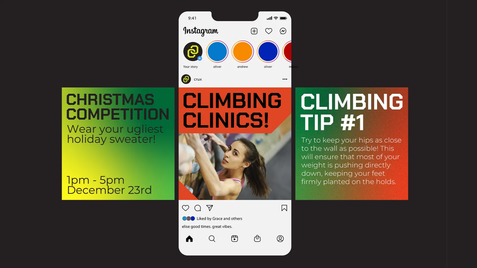 An image of an instagram homepage with a post visible in the middle. The post is for climbing clinics put on by Crux, and features an image of a woman bouldering indoors. To the left and right outside of the phone screen are two other posts about a christmas competition and a climbing tip respectively.