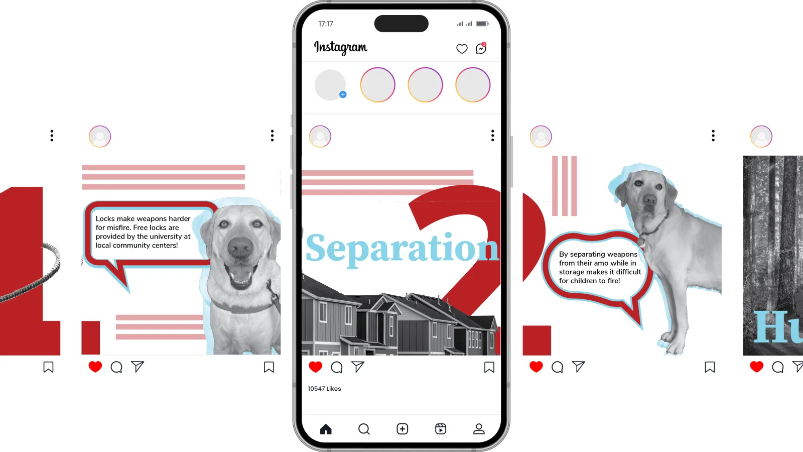 A seven slide feed Instagram mockup that uses graphics and photos to show three tips on weapon safety: use gun locks when storing weapons, separate the weapon from its ammo, and check for stability before use of deer stands.  