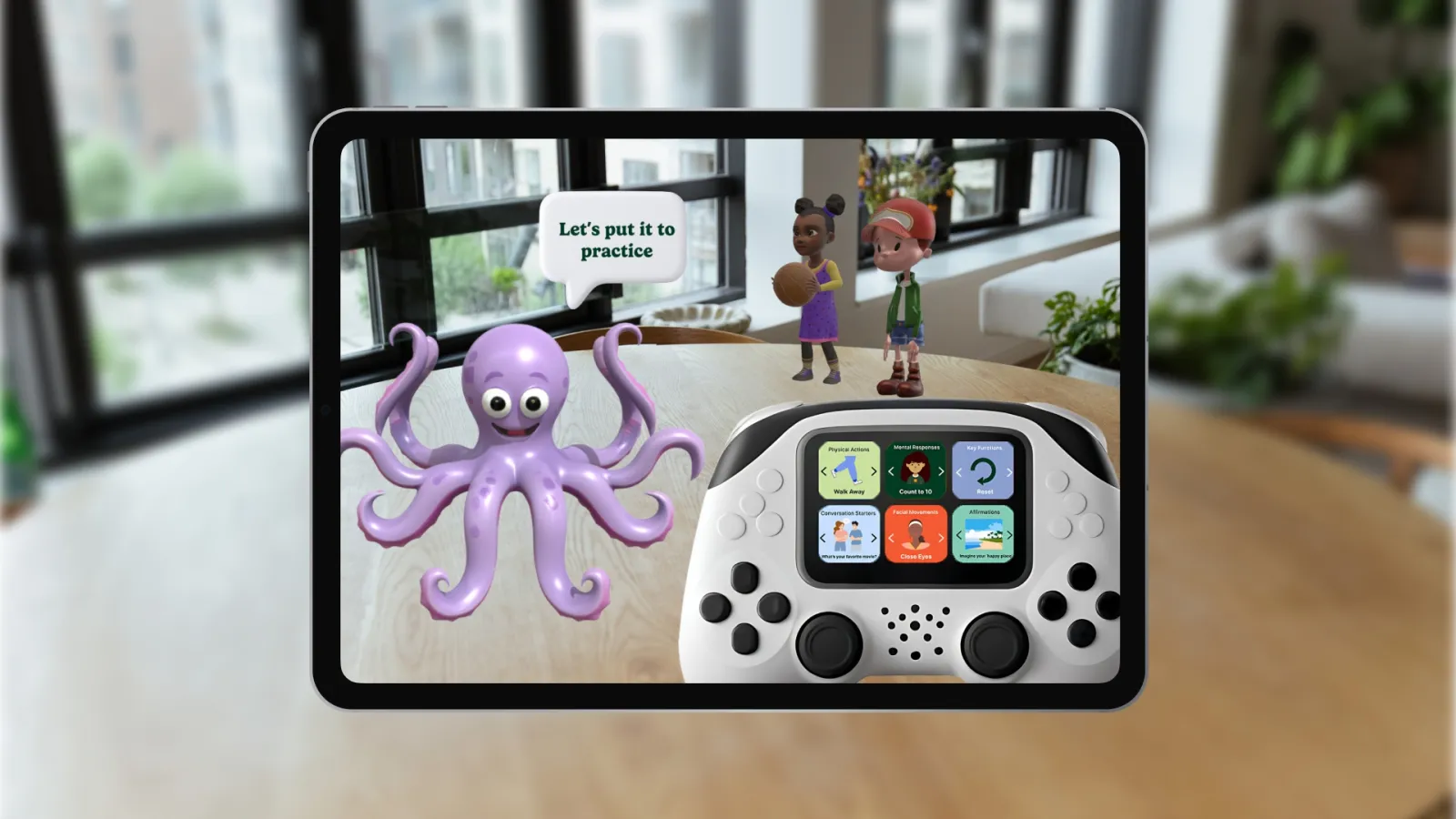 iPadtouchscreenmockupthatuses3Dgraphics,photosofpracticingsocial interactions in real-time.