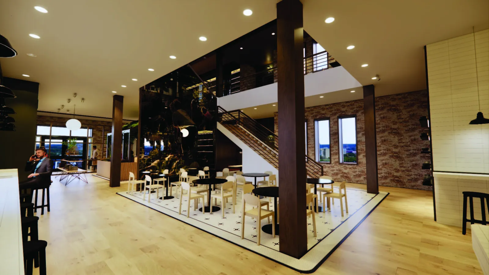 The open seating area on level 1 is defined by black and white mosaic hexagon tiles and columns to create a boundary. A glass LED partition separates the seating area from the retail section, ranging from the floor all the way up to level 2 as the ceiling is open to above. Black, round cafe tables are placed with basic oak chairs.