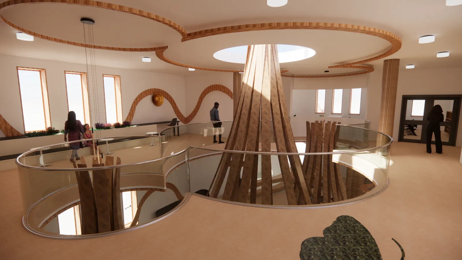 6.	As you go upstairs you will be stepping into the lounge area were students get to spent time to study or relax outside of the flexible learning room that is across. The flexible learning area has an opening where you can see the learning environment from the outside.
