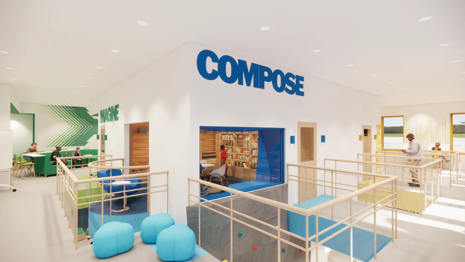 A perspective view of the second floor, showing a window looking into the reading/writing learning area where a young boy browses a bookshelf. Above the window, “COMPOSE” is displayed in blue, and below it, an opening in the floor shows a view of the rock-climbing wall on the first floor. In the background, to the left, the visual learning area has “IMAGINE” in green above the door. In the outdoor section, three students sit on varying seats with a green graphic behind them. To the right of the reading/w