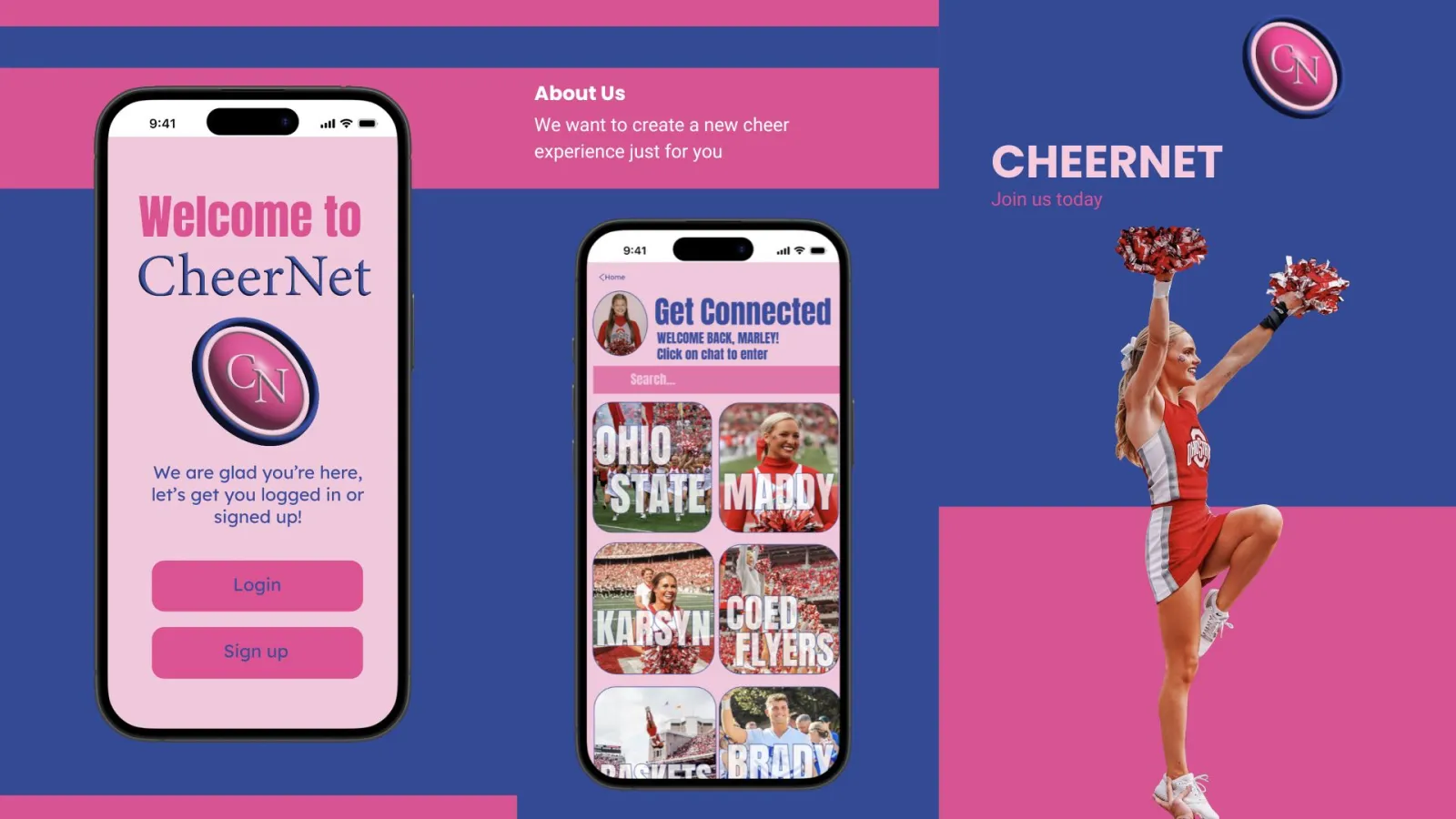 CheerNet is designed to connect and support cheerleaders at every level. This image highlights the app’s user-friendly interface, making it easy to log in, network with other athletes, and stay informed. With features that foster engagement and team spirit, CheerNet enhances the cheer experience for athletes nationwide.