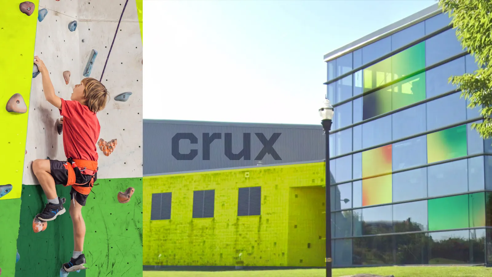 The image is split in two, with the left third featuring a young boy with a harness climbing indoors on a yellow and green rock climbing wall. The right two thirds is a view of the outside of the Crux branded gym, with “crux” written on a wall and various walls and windows with crux brand colors and gradients on them.