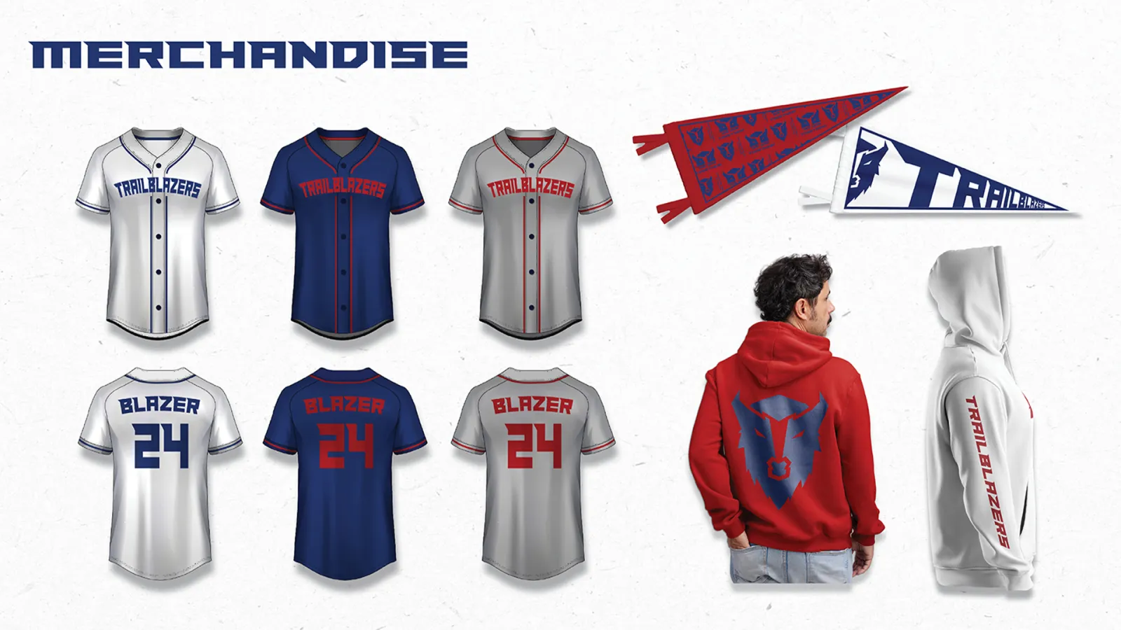 Sports merchandise featuring baseball jerseys in white, navy, and gray with Blazers and number 24. Red and white hoodies with a Trailblazers logo (stylized Buffalo head) and “Trailblazers” on the sleeve. Red and blue pennants with team name and logo shown.
