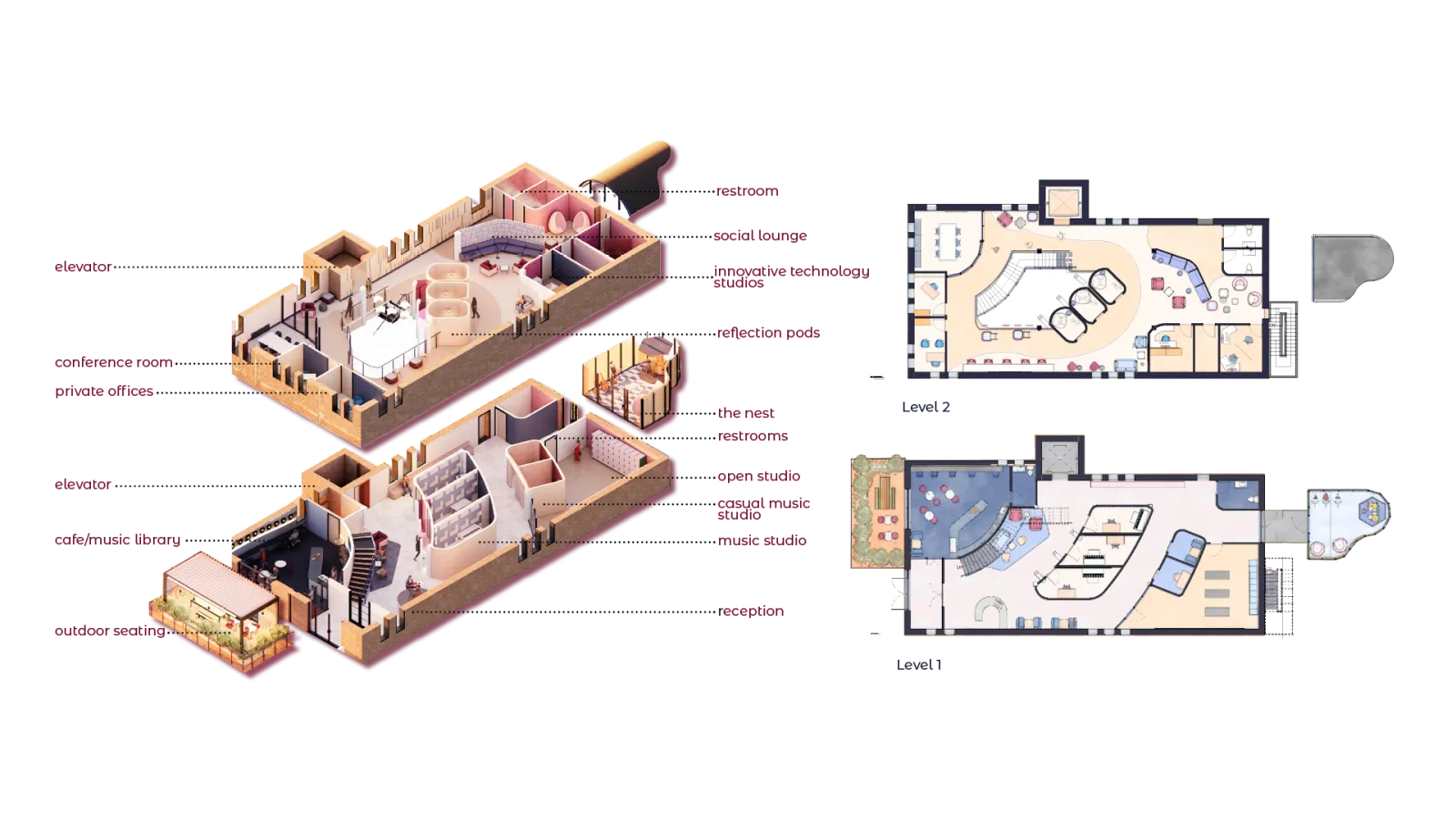 The stack diagram is rendered which reveals the blues, pinks, and wood tones that cover the organic geometry. The floor plans are in a watercolor style, and show the layout of the space, which has two hallways that serve as connection points between the spaces. Almost all of the walls are curved, so the path of travel feels organic and easily leads from the front to the back entrance.