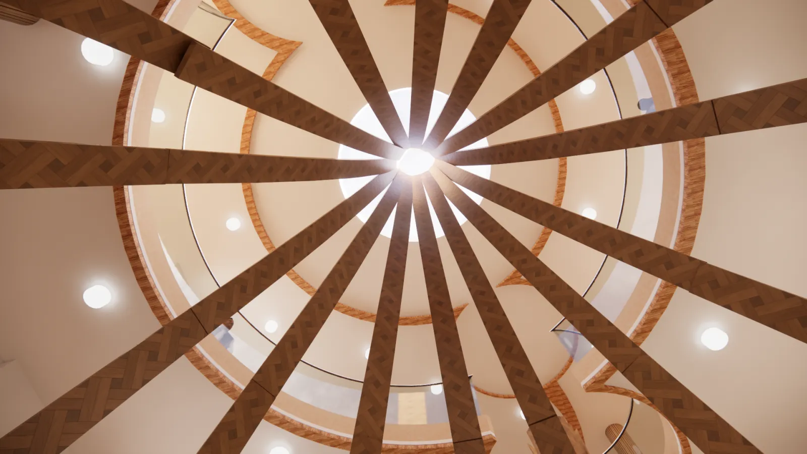8.	A view looking up from the large cocoon seating and you can see how it goes through the roof letting in the natural light, connecting the outside with the inside.
