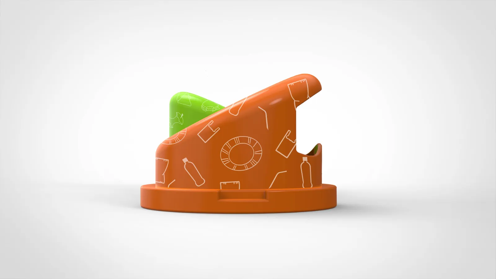 Orange and green bin lids with symbols on a white background. Viewed from the side, the tops of the bins slant in opposite directions so that a dash of both colors can be seen from any angle.