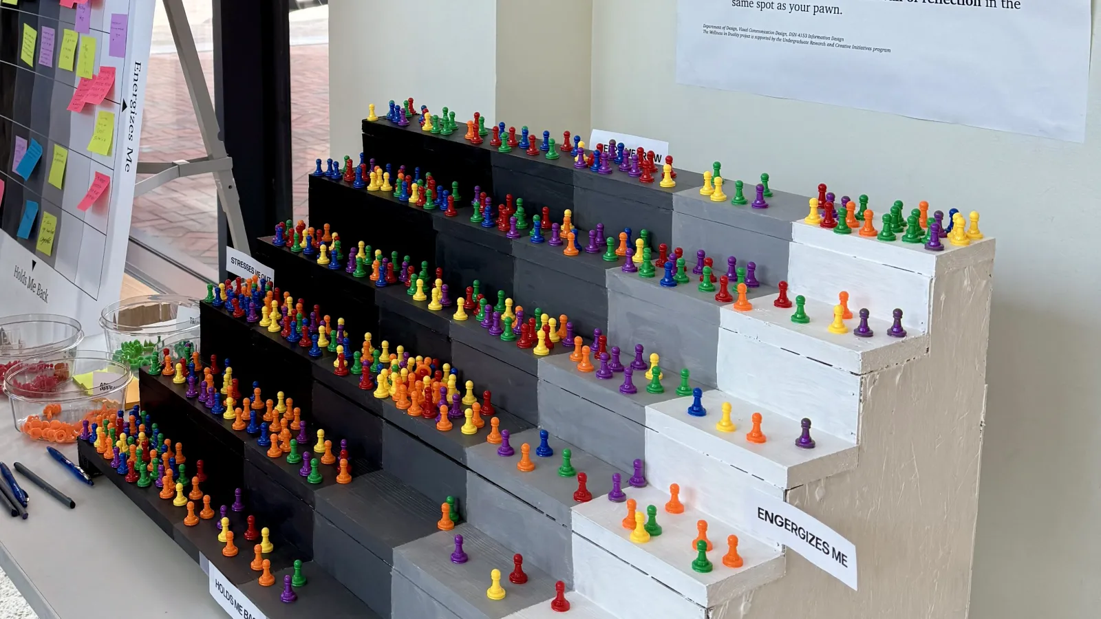A student project consisting of colorful objects that can be moved along a horizontal gradient and/or a vertical series of graduated steps.