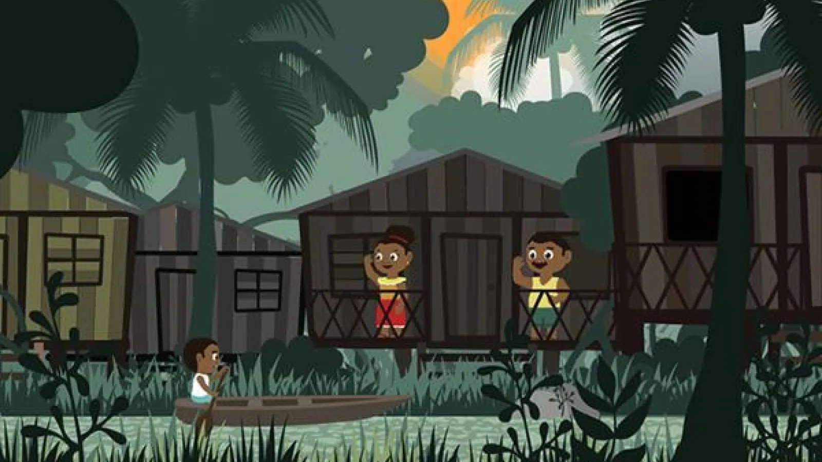 Screen from game showing main charecter rowing a boat down stream past neighbors in a jungle setting