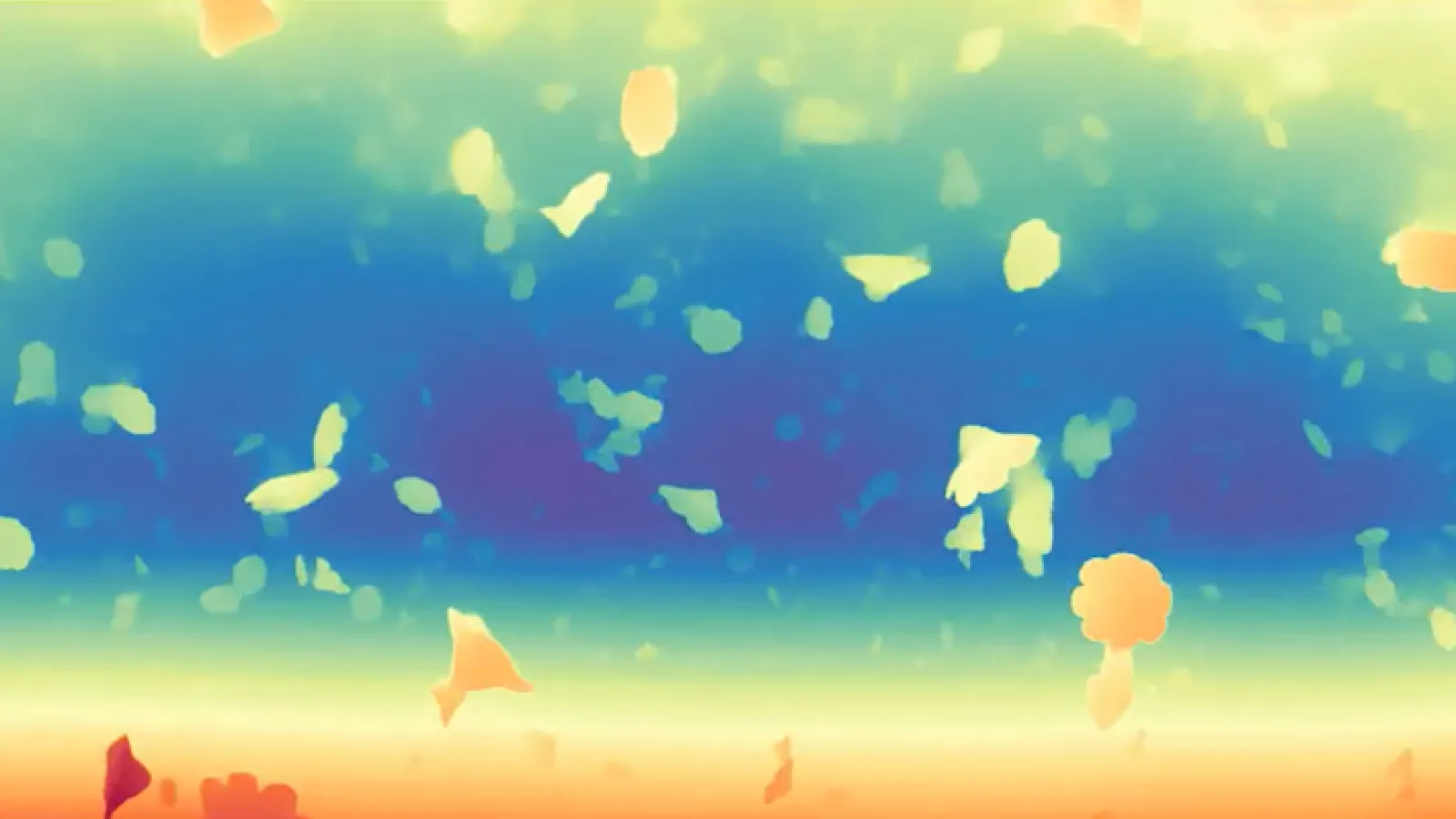 Abstract illustration with a soft blue-to-yellow gradient and scattered, translucent petal-like shapes drifting across the image.