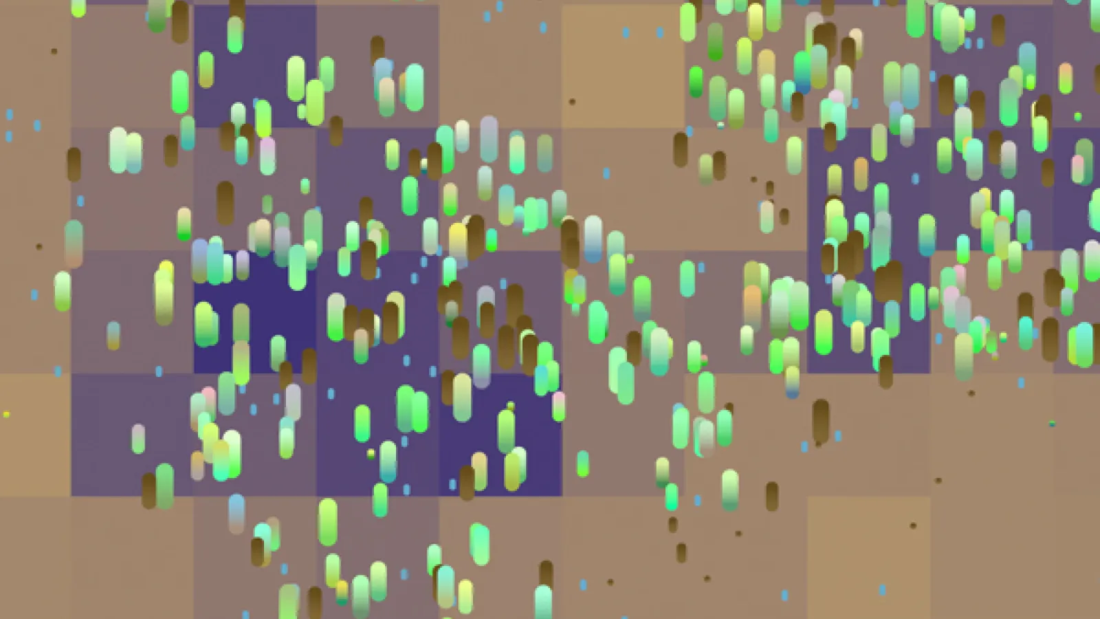 Abstract composition of layered blocks in muted earth tones, overlaid with scattered, glowing vertical dots in green, blue, and white that create a sense of movement across the image.