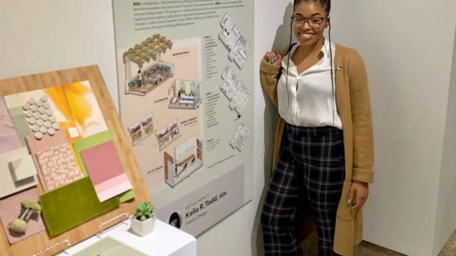 Kelia Todd standing next to her thesis project which won Best in Show for the interior design segment of the Department of Design Spring Exhibition 2019 show. Credit: Courtesy of Kelia Todd