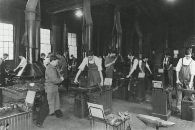 Hayes Hall interior view of carpentry shop, year unknown