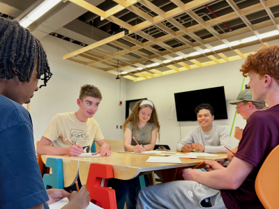 Students collaborating around a table
