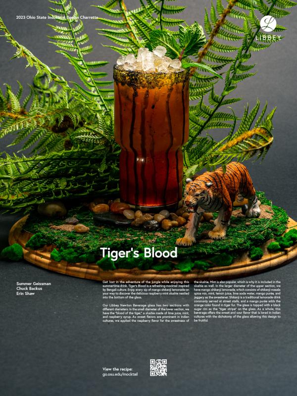 Photo of an orange mocktail drink garnished with black sugar in a Libbey Newton Beverage glass, surrounded by ferns and a toy tiger figurine.