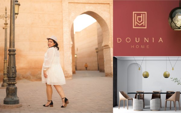 Photo of Dounia Tamri-Loeper (left); close-up detail photo of a Dounia Home lamp and Dounia Home logo (top-right); photo of two Dounia Home hanging pendant lamps over a dining room table (top-right).