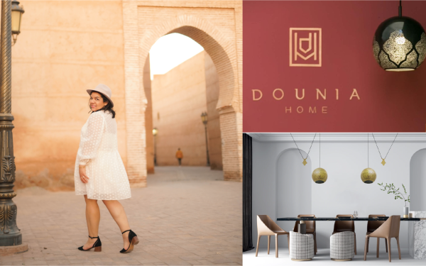 Photo of Dounia Tamri-Loeper (left); close-up detail photo of a Dounia Home lamp and Dounia Home logo (top-right); photo of two Dounia Home hanging pendant lamps over a dining room table (top-right).