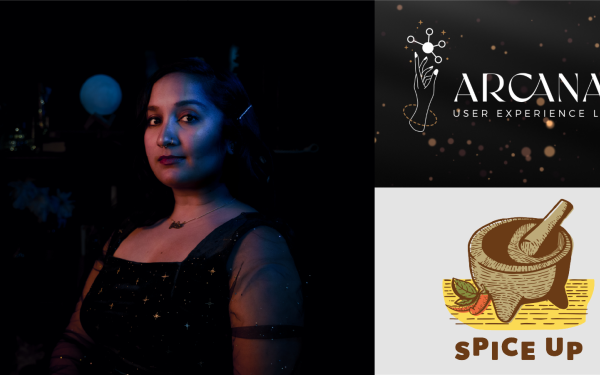 Photo of Tanya Vora (left); Arcana User Experience Labs logo (top-right); Spice-up logo (bottom-right)