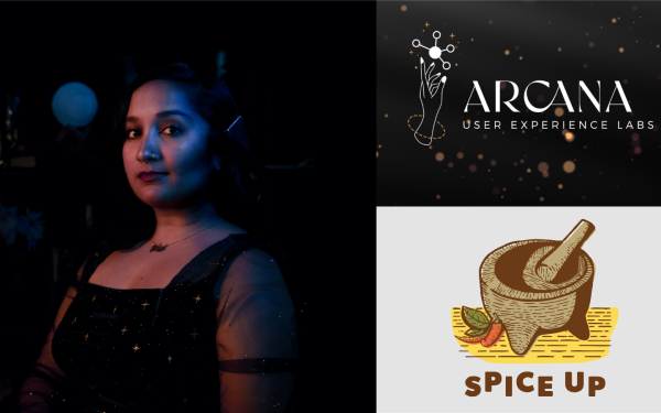 Photo of Tanya Vora (left); Arcana User Experience Labs logo (top-right); Spice-up logo (bottom-right)