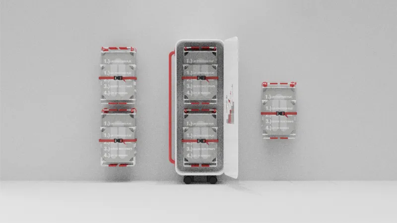 The StairSafe Stretcher has various storage options, such as wall hooks, which can store up to four devices, and a rolling cart, which can store and transport up to eight devices simultaneously.