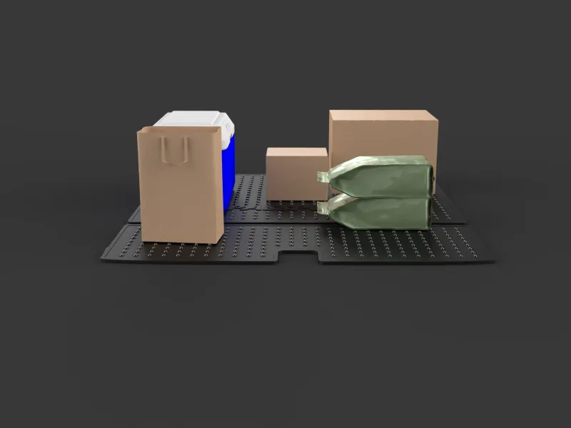 image 4 is of the 3D rendered mat with some items on top of it. This image is also included in my video. The mat has 1 paper grocery bag, a cooler. A bigger and smaller cardboard box and 2 bags of dog food on top of one another. (In the video it shows the items gliding across the surface.