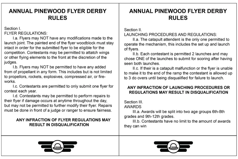 Rules sheet provided by the Pinewood Flyer Derby Guide book
