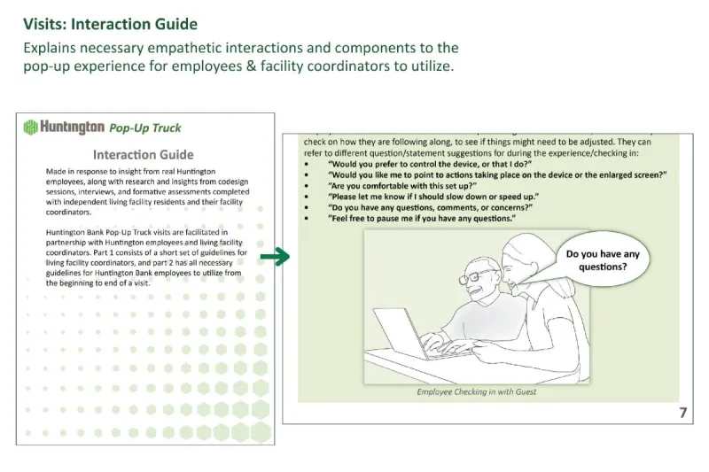 An image of one of the Huntington Bank Pop-Up Truck Interaction Guide, which is for independent living facility coordinators and Huntington employees to utilize. 