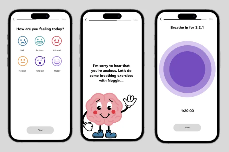 Three Phone Mockups Displaying Noggin Daily Module Pages