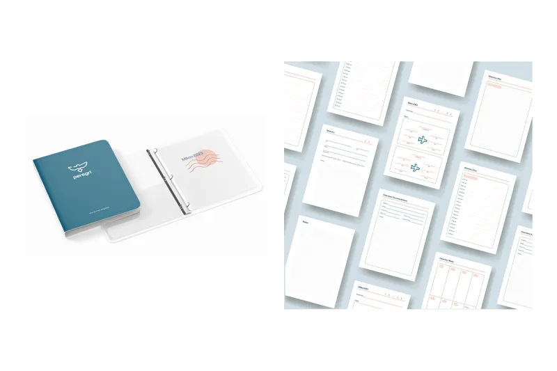 On the left is a Peregri branded binder. On the right is multiple blank templates from Peregri’s printable booklet that display the flights page, itinerary variations, and accommodations page.  