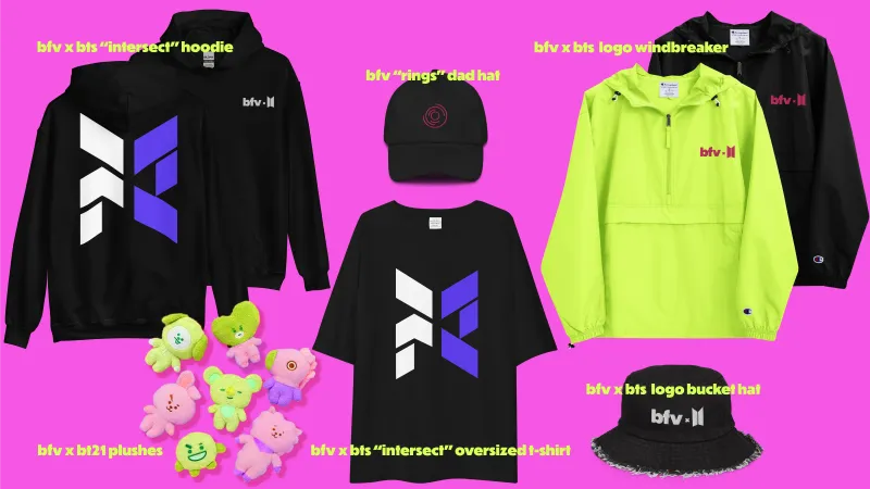 merchandise, hoodie front and back, bfv x bt21 plushies, tshirt front and back, dad hat, bucket hat, windbreaker black and neon