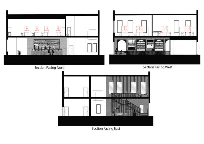 Image showing 3 sections of the building- one facing north, one facing east, and one facing west