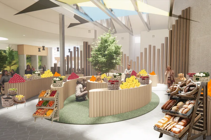Users shopping in a fresh market space filled with fruits, vegetables, and other fresh foods