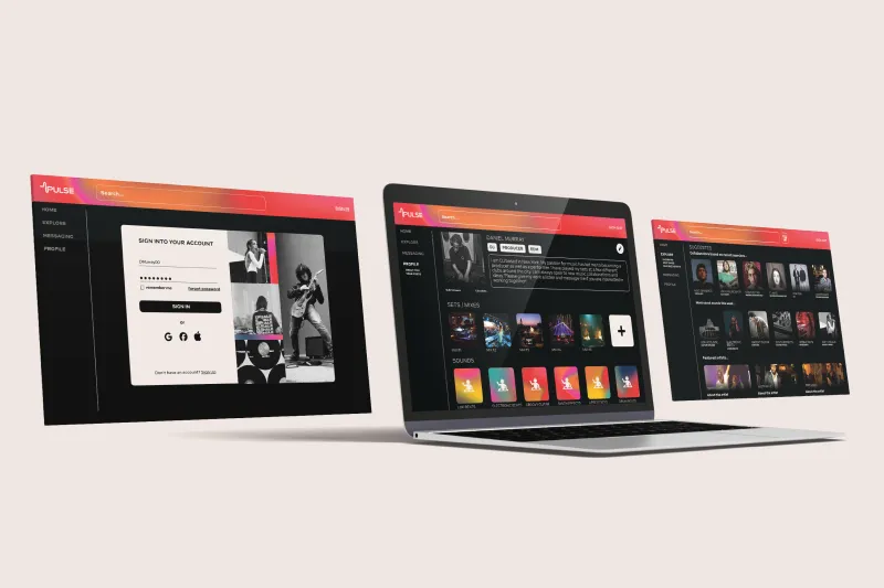 three desktop screens showing a sign-in page, profile page, and suggested page